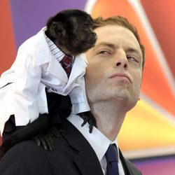 El mono Crystal y Justin Kirk en los Upfronts 2012 en NBC