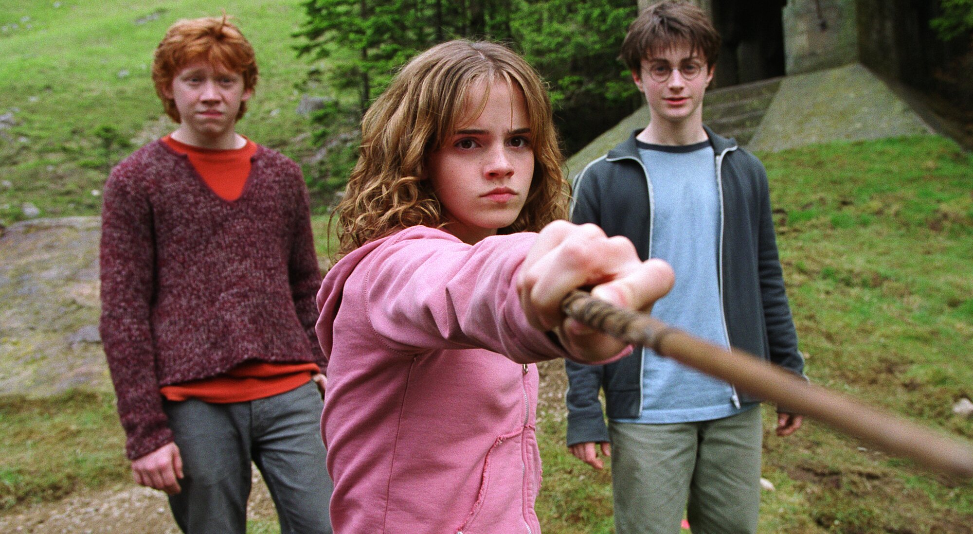 Rupert Grint, Emma Watson y Daniel Radcliffe como Ron, Hermione y Harry