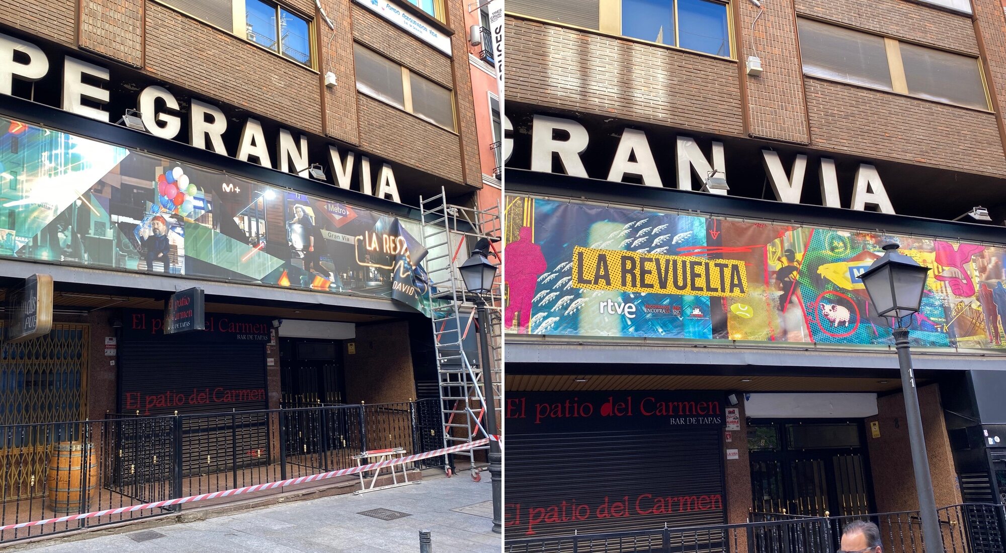 El teatro Príncipe Gran Vía desmonta la cartelería de 'La resistencia' para colocar la de 'La revuelta'