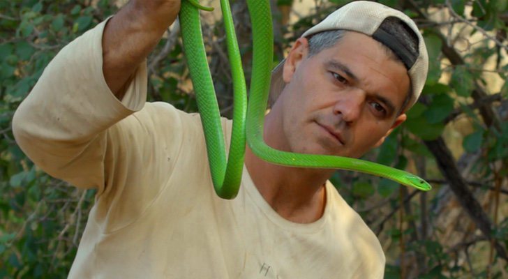 Frank Cuesta con una serpiente grabando 'Wild Frank'